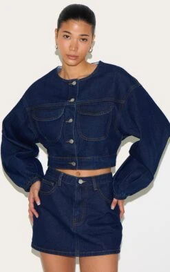 Prettylittlething Indigo Round Neck Crop Denim Jacket