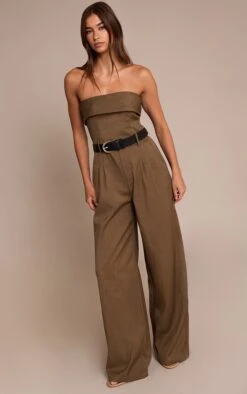 Prettylittlething Khaki Woven Bandeau Belted Wide Leg Jumpsuit