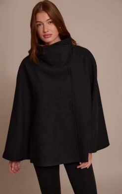 Prettylittlething Black Wool Look Funnel Neck Wrap Coat