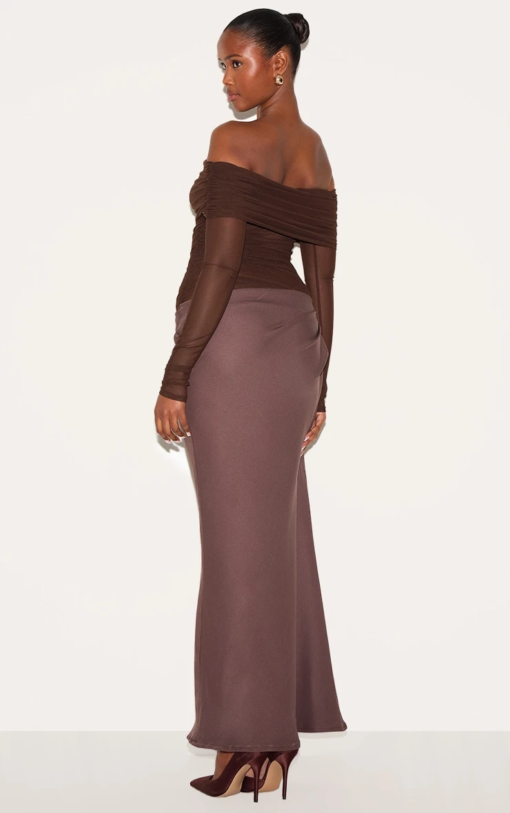 Prettylittlething Chocolate Satin Mesh Detail Bardot Maxi Dress 2 Prettylittlething Chocolate Satin Mesh Detail Bardot Maxi Dress - Image 2