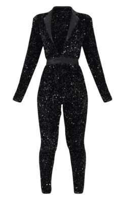 Prettylittlething Black Velvet Sequin Plunge Front Tailored Jumpsuit -Pretty Little Thing Shop a388b0c9af354d6893dc6c8e1c17e7f7bdef7576 cmn7130 5