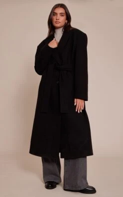 Prettylittlething Black Single Breasted Self Tie Wool Look Maxi Coat