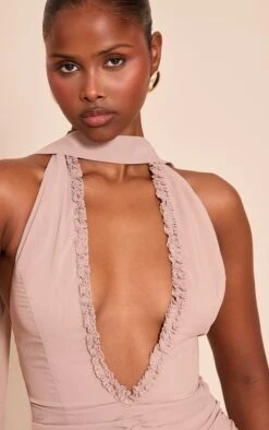 Taupe Ruffle Detail Plunge Sleeveless Maxi Dress -Pretty Little Thing Shop a3dbbf3d385067b003d99bfb47fd7c223322a462 CNO1517 4 taupe ruffle detail plunge sleeveless maxi dress