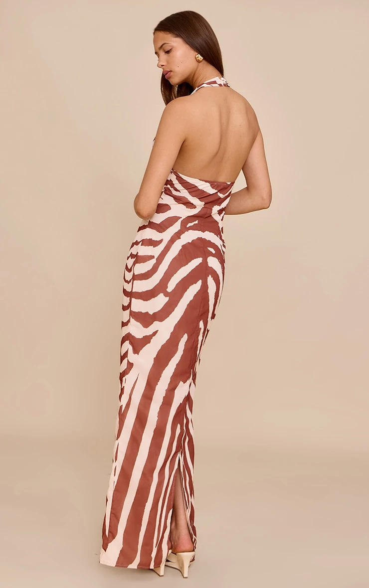 Prettylittlething Tan Zebra Abstract Print Chiffon Cowl Neck Maxi Dress - Image 2