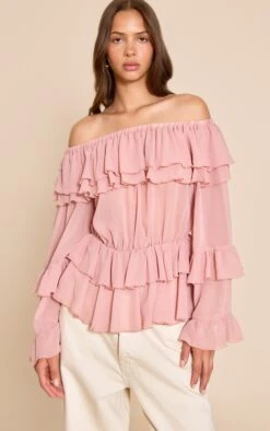 Prettylittlething Pale Pink Chiffon Tiered Ruffle Bardot Top -Pretty Little Thing Shop a4de892552864eebfd279f380a1fafceca20abd4 CNN6803 4 pale pink chiffon tiered ruffle bardot top