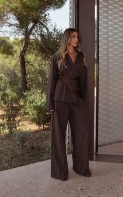 Dark Brown Pinstripe Wide Leg Pants