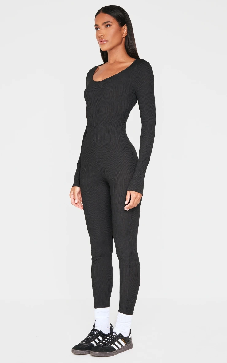 Prettylittlething Black Ribbed Long Sleeve Scoop Neck Jumpsuit 3 Prettylittlething Black Ribbed Long Sleeve Scoop Neck Jumpsuit - Image 3