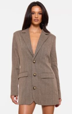 Prettylittlething Chocolate Pinstripe Button Down Blazer Dress