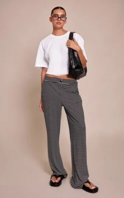 Prettylittlething Black Boyfriend Style Wide Leg Stripe Pants