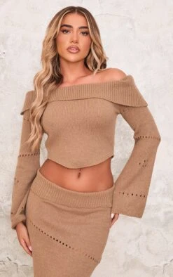 Prettylittlething Chocolate Fold Over Bardot Knit Long Sleeve Top