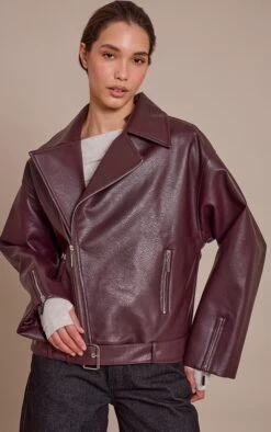 Prettylittlething Burgundy Faux Leather Oversized Biker Jacket