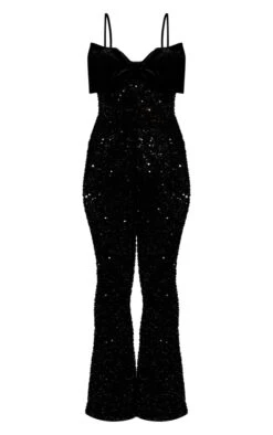 Prettylittlething Black Sequin Strappy Velvet Bow Flared Jumpsuit -Pretty Little Thing Shop a67cee6515237ccb4f365f139762377daaa83b9f cnb8507 5