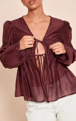 Prettylittlething Chocolate Plum Chiffon Tie Front Ruched Blouse -Pretty Little Thing Shop a67eb208035dd79024e70c86f1a6ab766ec13363 CNN6921 4 chocolate plum chiffon tie front ruched blouse