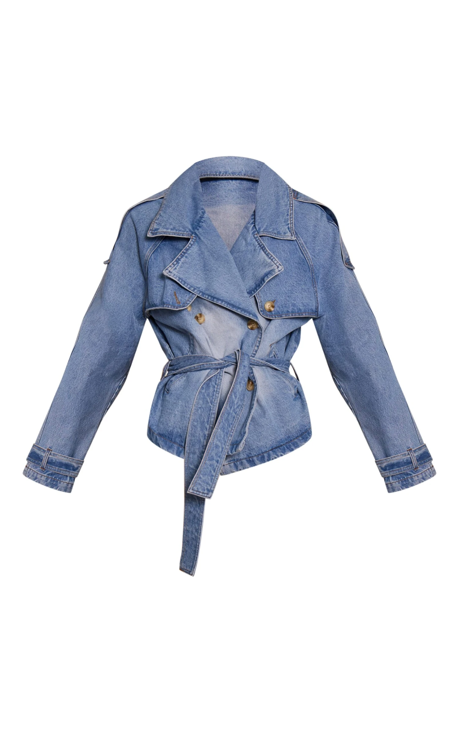 Prettylittlething Mid Blue Wash Belted Cropped Button Detail Denim Trench - Image 5