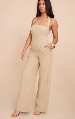 Prettylittlething Sage Premium Woven Halterneck Straight Leg Jumpsuit