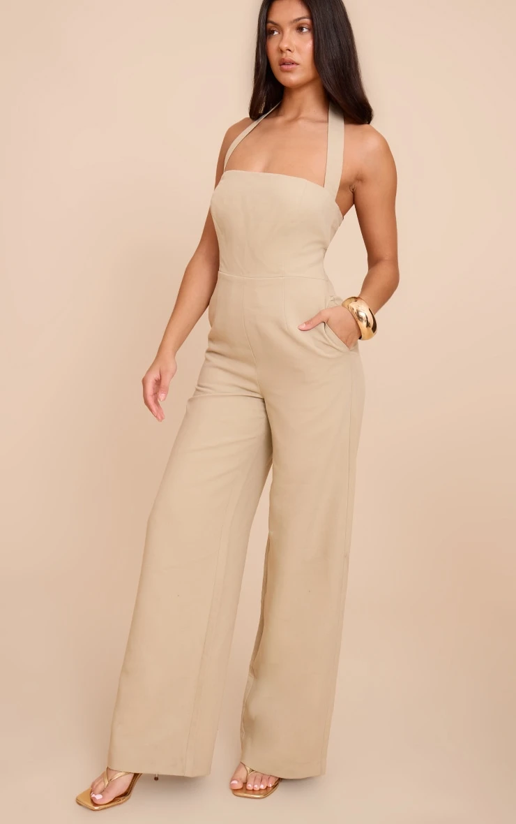 Prettylittlething Sage Premium Woven Halterneck Straight Leg Jumpsuit 1 Prettylittlething Sage Premium Woven Halterneck Straight Leg Jumpsuit
