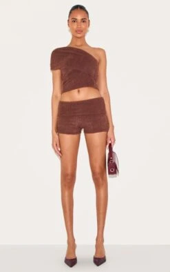 Prettylittlething Chocolate Fluffy Textured Fold Over Hot Pants