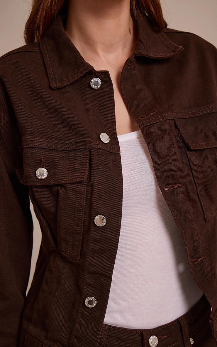 Prettylittlething Dark Chocolate Pleated Cinch Back Denim Jacket 4 Prettylittlething Dark Chocolate Pleated Cinch Back Denim Jacket - Image 4