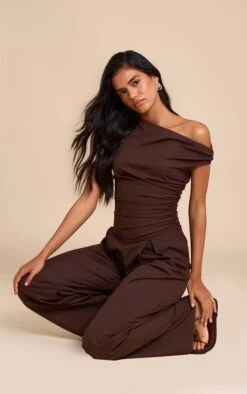 Prettylittlething Chocolate Woven Ruched One Sleeve Jumpsuit -Pretty Little Thing Shop a6d8f1838bb7eb317b4e7f7e7d9215a79cf30615 CNM0442 3 chocolate woven ruched one sleeve jumpsuit