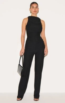 Prettylittlething Black Soft Touch Ruched Straight Leg Jumpsuit
