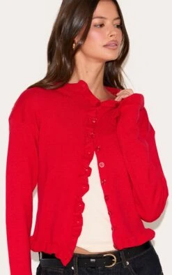 Prettylittlething Red Knit Ruffle Detail Cardigan -Pretty Little Thing Shop a7384f2cce00f245156119c4f5e489978b6f331b CNM7660 4 red knit ruffle detail cardigan