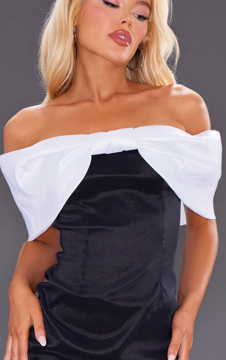 Monochrome Bow Detail Satin Bandeau Bodycon Dress 4 Monochrome Bow Detail Satin Bandeau Bodycon Dress - Image 4