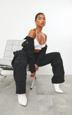 Prettylittlething Washed Black Cargo Pocket Detail Wide Leg Jeans