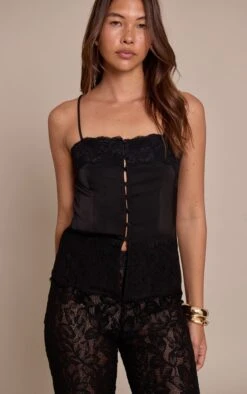 Black Satin Button Up Lace Detail Cami