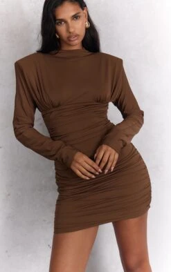 Chocolate Brown Ruched Long Sleeve Bodycon Dress -Pretty Little Thing Shop a761d5373bd1ca3dfd03388cea978c624fe3a207 cno0106 4 chocolate brown ruched long sleeve bodycon dress