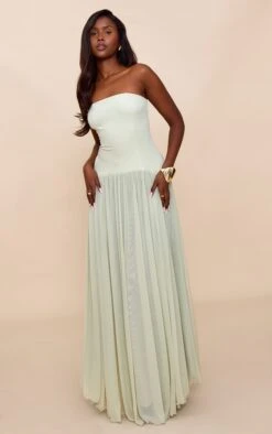 Prettylittlething Sage Bandeau Chiffon Pleated Maxi Dress
