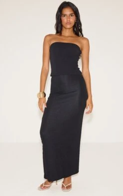 Prettylittlething Black Textured Jersey Mid Rise Maxi Skirt
