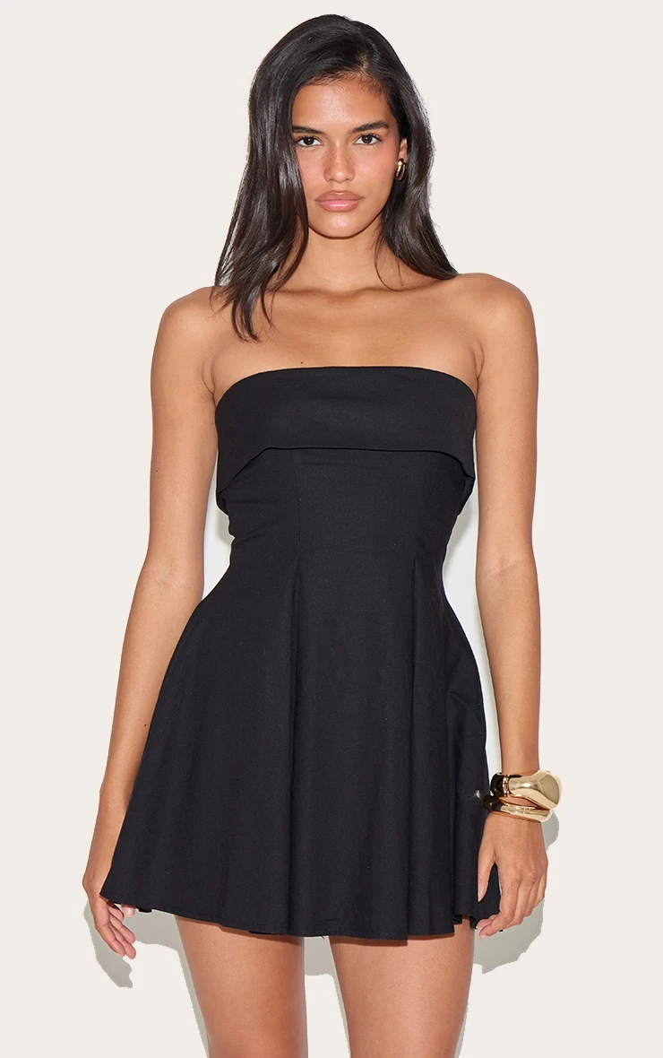 Prettylittlething Black Linen-Blend Bandeau Fold Over Shift Dress