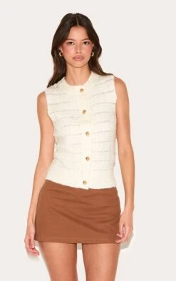 Prettylittlething Cream Boucle Knit Button Through Vest