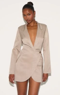 Prettylittlething Taupe Woven Wrap Skirt Blazer Dress
