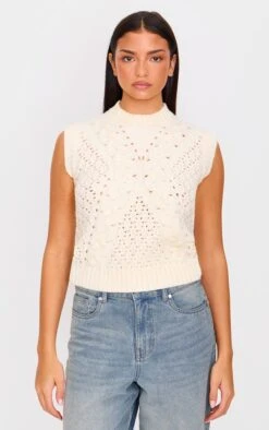 Prettylittlething Cream Textured Cable Knit Sweater Vest