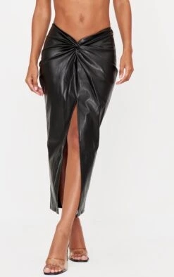 Prettylittlething Black Faux Leather Twist Detail Front Midi Skirt