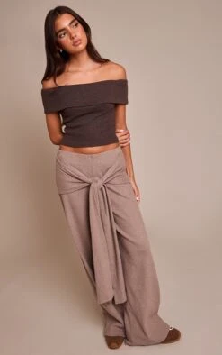 Prettylittlething Mushroom Brushed Wrap Detail Straight Leg Pants