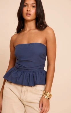 Prettylittlething Navy Cotton Bandeau Peplum Frill Top