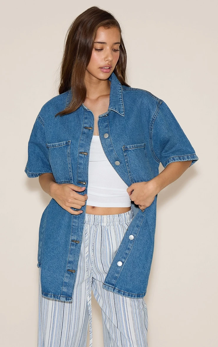 Prettylittlething Mid Blue Wash Pocket Detail Oversized Denim Shirt