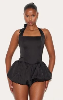 Prettylittlething Black Satin Halter Neck Puffball Romper