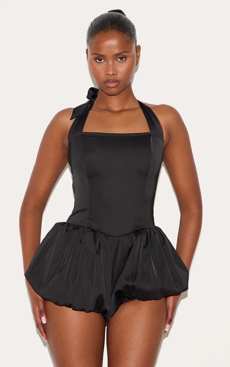 Prettylittlething Black Satin Halter Neck Puffball Romper 1 Prettylittlething Black Satin Halter Neck Puffball Romper