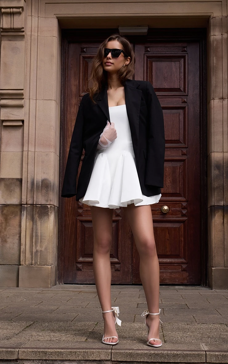 Prettylittlething Premium White Satin Hip Pleated Skater Dress 3 Prettylittlething Premium White Satin Hip Pleated Skater Dress - Image 3