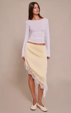 Lemon Satin Lace Trim Asymmetric Midi Skirt