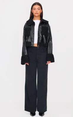 Prettylittlething Black Borg Pocket Front Faux Leather Cropped Coat -Pretty Little Thing Shop aa4b8263be507d35a10c3ec8f4b11c23b3ae3de3 cnf4886 3
