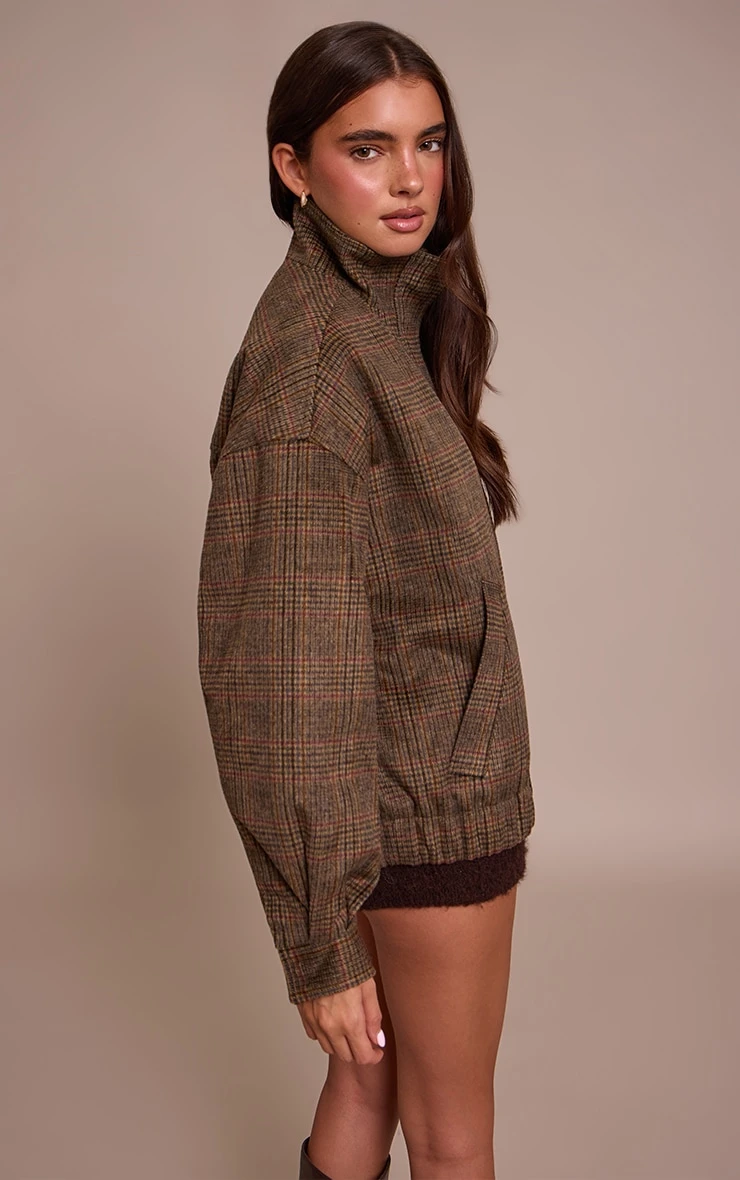 Prettylittlething Brown Checked Funnel Neck Bomber Jacket 2 Prettylittlething Brown Checked Funnel Neck Bomber Jacket - Image 2