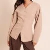 Prettylittlething Taupe Collarless Fabric Covered Button Blazer
