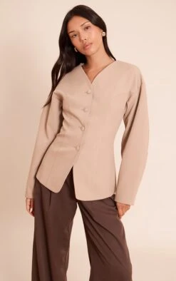 Prettylittlething Taupe Collarless Fabric Covered Button Blazer
