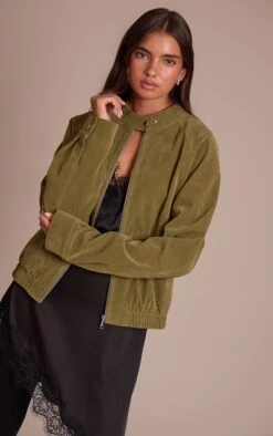 Prettylittlething Olive Faux Suede Racer Neck Jacket