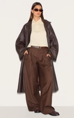 Prettylittlething Brown Funnel Neck Faux Leather Trench Coat