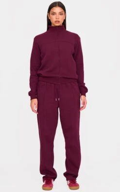 Prettylittlething Burgundy Seam Detail Wide Leg Sweatpants